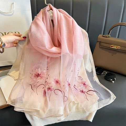 Elegant Embroidered Flower Satin Scarf For Women Long Jacquard Shawl Wrap With Golden Thread Edging Fashion Commute Scarf Daily Party Gift