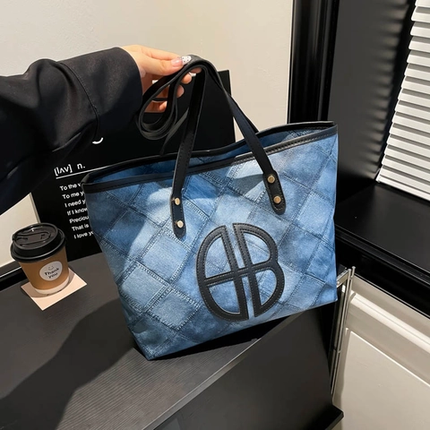 Borsa Tote da Donna con Texture Denim Trapuntata a Grande Capacità in Pelle PU con Cuciture a Contrasto Borsa a Spalla Vintage per Pendolari