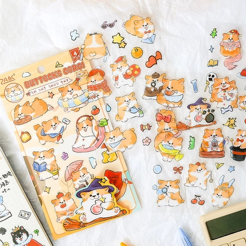 Autocollants en PET de Chien de Dessin Animé Mignon Illustration Animale Imperméable Scrapbooking Journaling Décor DIY Corgi Shiba Inu Bichon Frisé