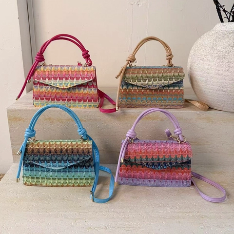 Damen Bohemian Gewebte Kunststroh Handtasche Kontrast Geometrische Muster Umhängetasche Mit Knoten Griff Mode Quadratische Schultertasche