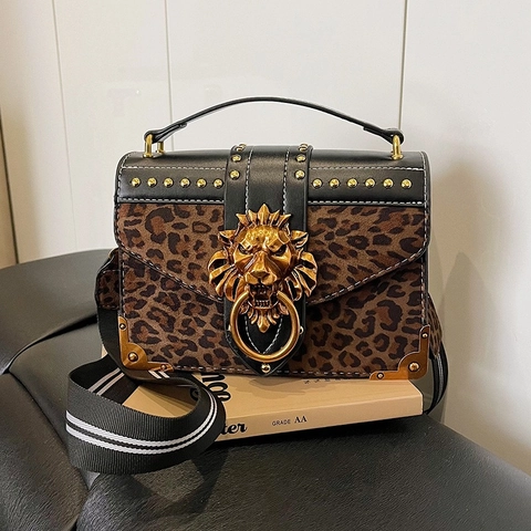 Leopard Print Crossbody Bag PU Leather Suede Lion Head Rivet Handbag Stripe Wide Strap For Women Vintage Style Travel Purse