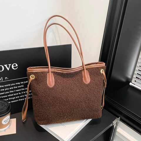 Borsa Tote In Peluche Da Donna Lana Di Agnello Sintetica Grande Capacità Borsa A Tracolla Borsa A Mano Autunno Inverno Versatile Coulisse