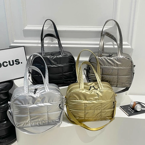 Women Metallic Quilted Puffer Tote Bag Large Capacity Waterproof Travel Handbag With Adjustable Strap For Weekend Trip