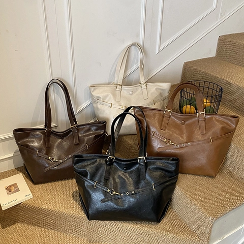 Bolso Tote de Cuero PU Retro para Mujer Gran Capacidad Bolso de Hombro Casual Color Sólido Con Hebilla de Metal