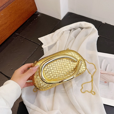 Woven Texture Evening Bag With Metallic Handle Detachable Chain Strap PU Leather Clutch Crossbody For Women Wedding Party