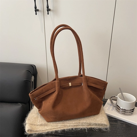 Women Retro Faux Suede Tote Bag Large Capacity Minimalist Shoulder Bag With Metallic Buckle Vintage Commuter Armpit Bag