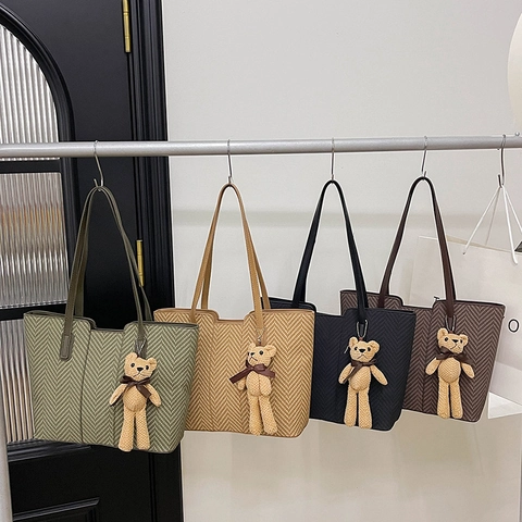 Vintage Herringbone Pattern Tote Bag For Women Large Capacity PU Leather Shoulder Bag With Cute Bear Charm For Work Travel