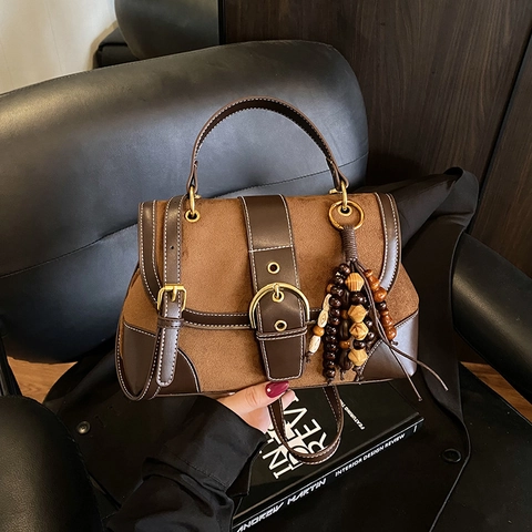Bolso Cuadrado Pequeño de Gamuza Patchwork para Mujer Vintage Color de Contraste Bolso de Bandolera Con Borla de Cuentas de Madera