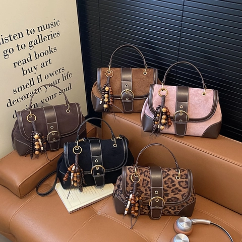 Bolso Cuadrado Pequeño de Gamuza Patchwork para Mujer Vintage Color de Contraste Bolso de Bandolera Con Borla de Cuentas de Madera