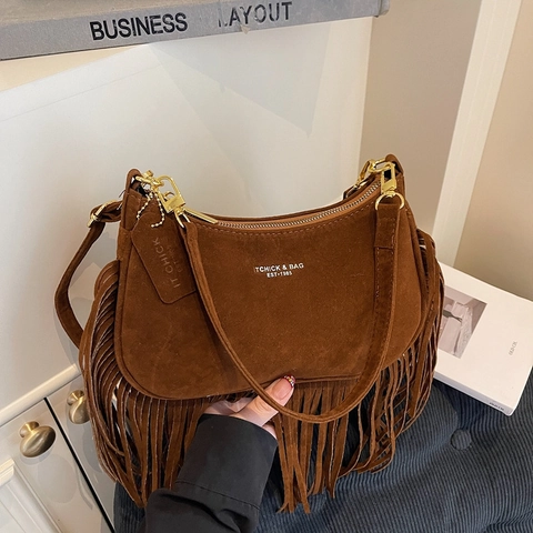Suede Leather Tassel Crossbody Bag Fringe Shoulder Handbag Retro Bohemian Dumpling Shape For Women