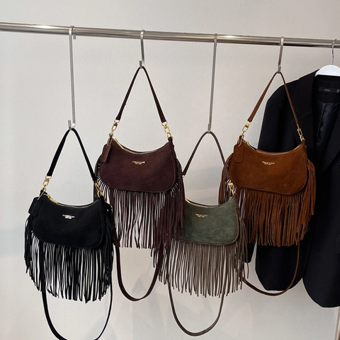 Suede Leather Tassel Crossbody Bag Fringe Shoulder Handbag Retro Bohemian Dumpling Shape For Women