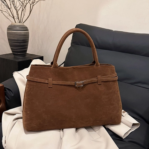 Suede Matte Leather Tote Bag Large Capacity Vintage Decorative Belt Handbag For Women Retro Minimalist Commute Shoulder Bag