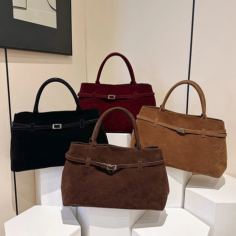 Suede Matte Leather Tote Bag Large Capacity Vintage Decorative Belt Handbag For Women Retro Minimalist Commute Shoulder Bag