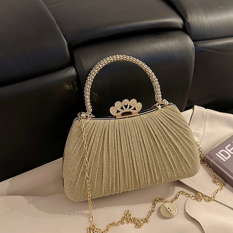 Borsa Da Sera Plissettata Lucida Con Chiusura A Corona In Strass E Tracolla A Catena Rimovibile Per Donna Matrimonio Festa