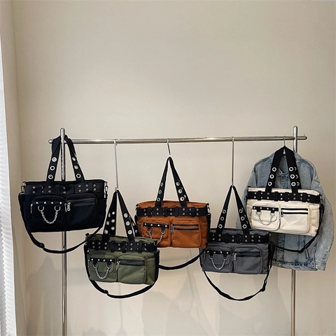 Sac Cabas En Velours Côtelé Grande Capacité Sac Bandoulière Avec Chaîne Métallique Rivets Multi Poches Punk Femmes