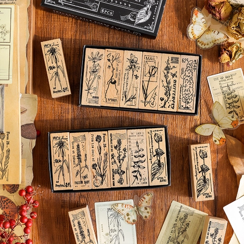 ZABC Vintage Holz Gummistempel Set Pflanzen Blumen Schmetterling Muster Für DIY Journaling Scrapbooking Dekor Holz Kunststempel