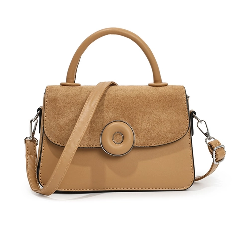 Women Crossbody Bag PU Leather Frosted Patchwork Handbag Vintage Square Shape With Top Handle Circular Buckle Trendy