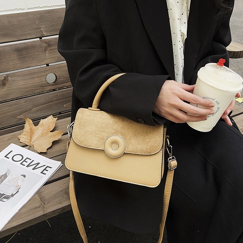 Women Crossbody Bag PU Leather Frosted Patchwork Handbag Vintage Square Shape With Top Handle Circular Buckle Trendy