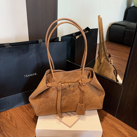 Vintage Damen Tote Bag Große Kapazität Mattes PU Leder Umhängetasche Schnallen Dekor Kontrastnähte Stilvolle Handtasche