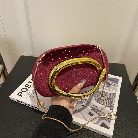 Velvet Evening Clutch Bag For Women Rhinestone Studded With Large Metal Handle And Chain Strap Box Shape