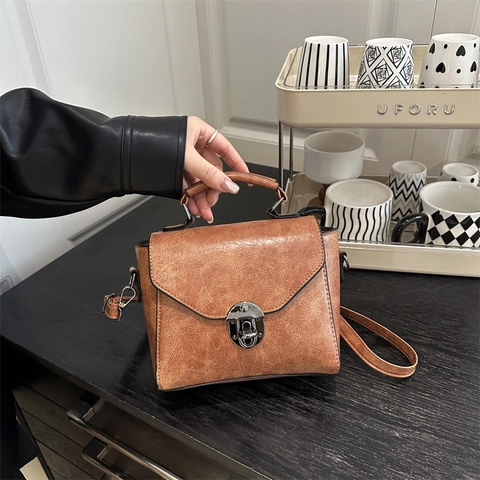 Borsa A Tracolla In Pelle PU Retrò Chiusura A Girello Piccola Borsa Quadrata Da Donna Vintage Minimalista Borsa A Spalla Con Manico