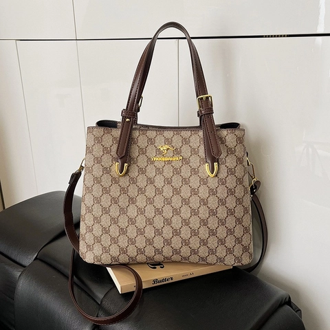 Borsa A Mano Tote Da Donna In Pelle PU Vintage Stampa Monogramma Grande Capacità Borsa A Tracolla Elegante