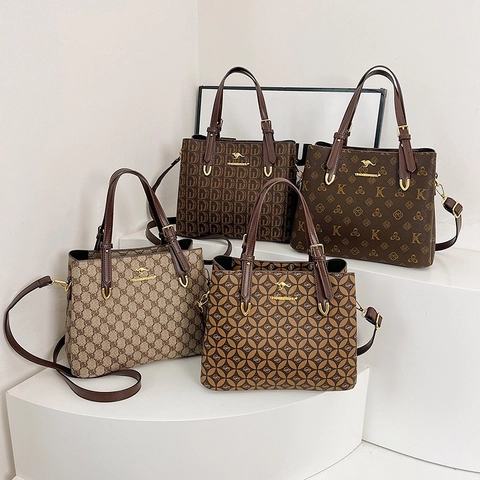 Borsa A Mano Tote Da Donna In Pelle PU Vintage Stampa Monogramma Grande Capacità Borsa A Tracolla Elegante