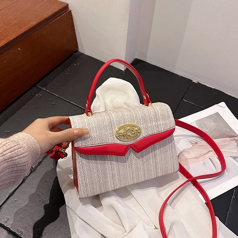 Vintage Woven Texture Box Bag Designer Color Block Handbag Women Fashion Small Square Crossbody Bag With Metallic Buckle