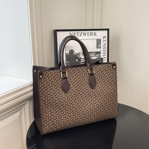 Bolso Tote Grande Para Mujer Cuero PU Retro Estampado Monograma Hexagonal Patrón Geométrico Bolso De Mano