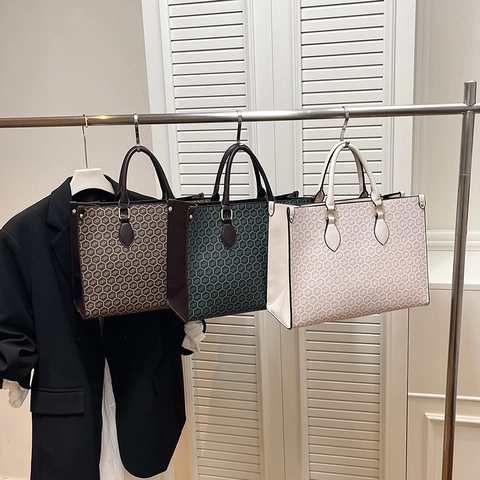 Bolso Tote Grande Para Mujer Cuero PU Retro Estampado Monograma Hexagonal Patrón Geométrico Bolso De Mano