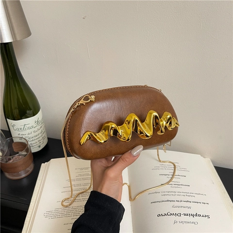 Women Oval Evening Bag PU Leather Gold Wave Metal Decor Modern Chic Chain Shoulder Crossbody Clutch Purse