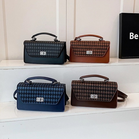 Borsa A Tracolla Da Donna In Pelle PU Motivo A Griglia Retrò Piccola Borsa A Spalla Quadrata Con Manico Fibbia In Metallo Elegante