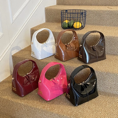 Bolso Hobo de Cuero PU con Aspecto de Patente Brillante para Mujer Color Sólido Versátil Bandolera Bolso Diario