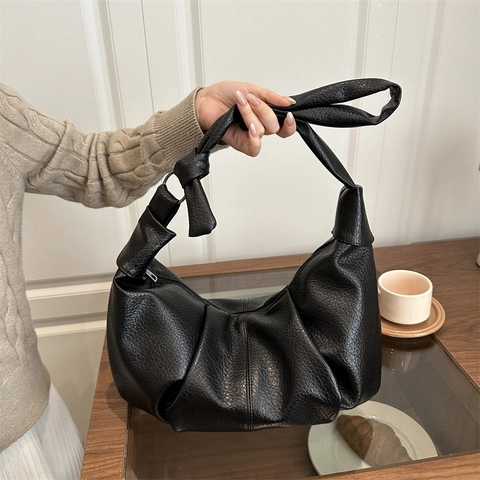 Hobo Tasche Gefaltet Weiches PU Leder Große Kapazität Knoten Schultergurt Retro Koreanischer Stil Täglich Damen