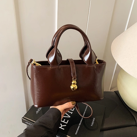 Damen Vintage Glänzende PU Leder Handtasche Mit Goldener Kürbis Anhänger Retro Schulter Umhängetasche Luxus Henkeltasche