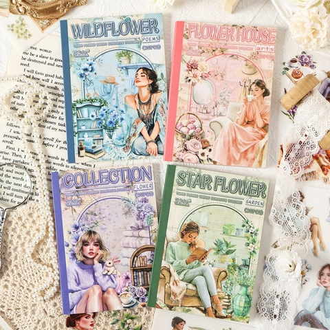 Vintage Character Flower Scrapbook Stickers Retro PET Washi Paper Decorative Decals For Journaling DIY Arts Crafts Stationery