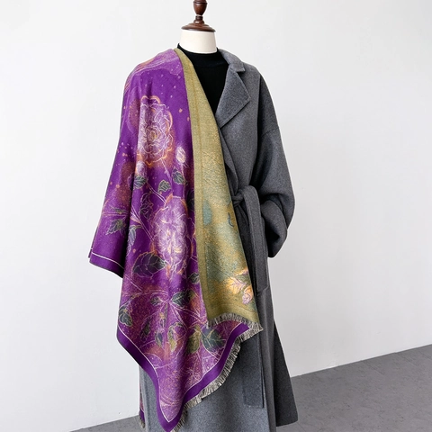 Sciarpa Scialle In Finto Cashmere Da Donna Stampa Floreale Pittura A Olio Calda Spessa Lunga Con Nappe