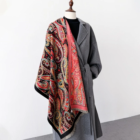 Paisley Scarf Shawl Imitation Cashmere Thick Warm Winter Wrap With Tassels Ethnic Style For Women