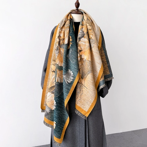Sciarpa Scialle Con Motivo Foglie Di Ginkgo Donna Inverno Caldo Spessa Jacquard Doppio Lato Imitazione Cashmere Nappe Stile Vintage