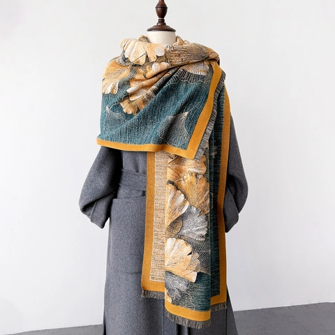 Sciarpa Scialle Con Motivo Foglie Di Ginkgo Donna Inverno Caldo Spessa Jacquard Doppio Lato Imitazione Cashmere Nappe Stile Vintage