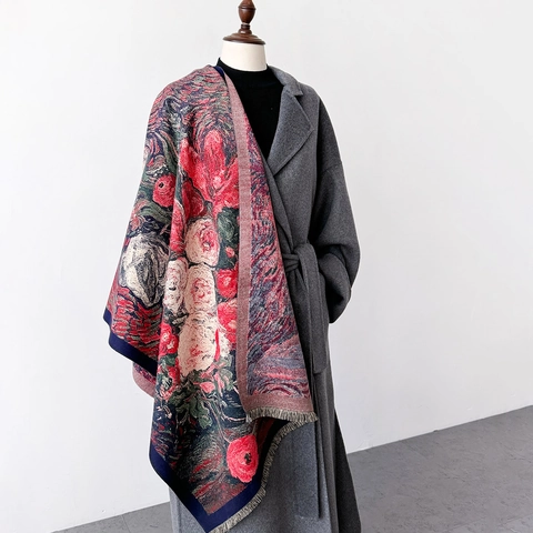 Oil Painting Floral Print Scarf Shawl Imitation Cashmere Thick Warm Winter Wrap Fringe Tassel Elegant For Women