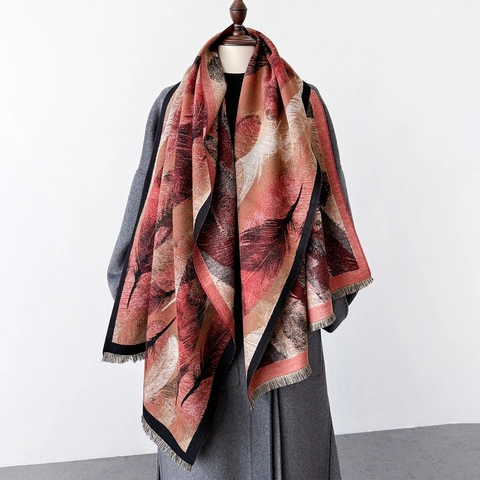 Sciarpa Scialle Invernale Da Donna Lungo Spesso Caldo Imitazione Cashmere Stampa Piume Vintage Frange Elegante