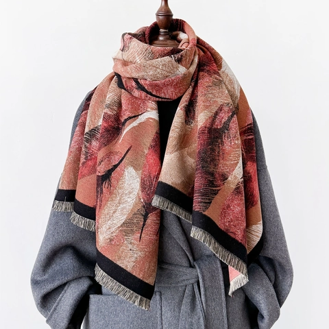 Sciarpa Scialle Invernale Da Donna Lungo Spesso Caldo Imitazione Cashmere Stampa Piume Vintage Frange Elegante