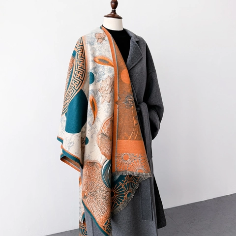 Sciarpa Scialle Invernale Imitazione Cashmere Caldo Spesso Stile Cinese Retrò Stampa Floreale Loto Nappa Donne