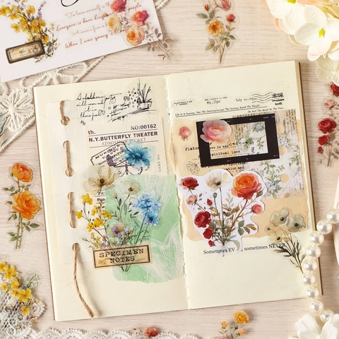 Vintage PET Floral Stickers For Scrapbooking Journaling Decoration Botanical Theme Waterproof Printed DIY Art Craft Decals