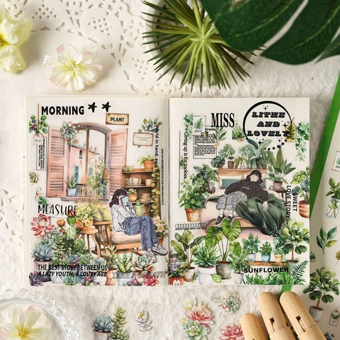 Adesivi per Scrapbook in PET Impermeabili Botanici Naturali Motivi Frutta Piante Grasse Verdura per Journaling Fai da Te