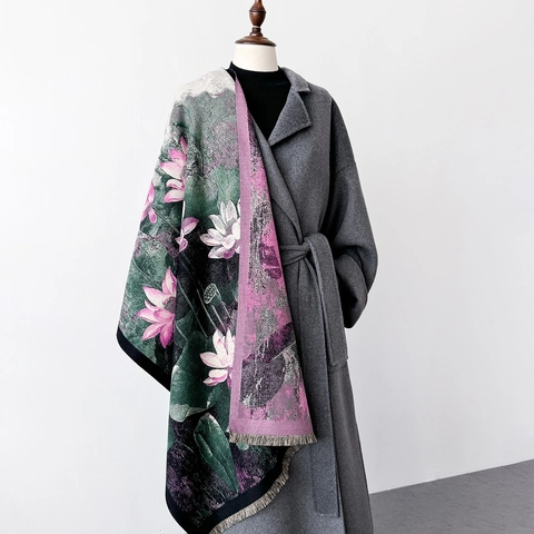 Women Elegant Chinese Style Lotus Print Scarf Imitation Cashmere Large Shawl With Tassels Warm Winter Wrap