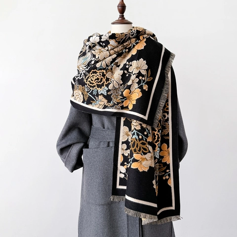 Women Winter Scarf Shawl Thick Warm Imitation Cashmere Floral Phoenix Print Tassel Retro Bohemian Double Sided Jacquard