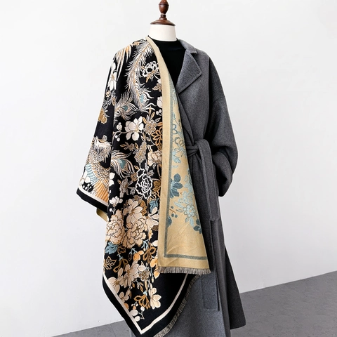 Women Winter Scarf Shawl Thick Warm Imitation Cashmere Floral Phoenix Print Tassel Retro Bohemian Double Sided Jacquard