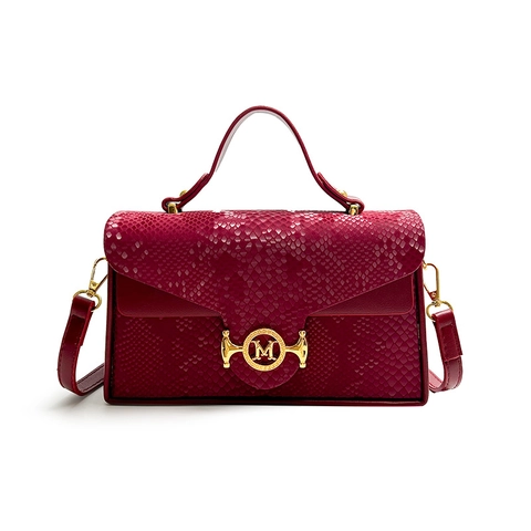 Women Retro Snake Pattern Box Handbag Fashion PU Leather Crossbody Bag With Golden Round M Buckle Elegant Single Shoulder Bag